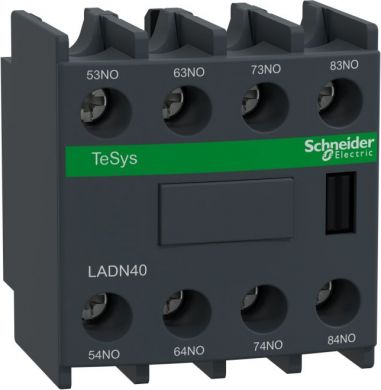 Schneider Electric TeSys D, auxiliary contact block, 4 NO, screw clamp terminals. range: TeSys - product or component type: auxiliary contact block - product compatibility: CR1F - pole contact composition: 4 NO - connections - terminals: screw clamp terminals 1 cable 1 LADN40 | Elektrika.lv