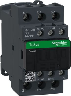 Schneider Electric TeSys D contactor, 3p(3 NO), AC-3, <= 440 V 25A, 24 V DC coil. range: TeSys - product or component type: contactor - device short name: LC1D - contactor application: motor control, resistive load - utilisation category: AC-1, AC-3 - poles description LC1D25BD | Elektrika.lv