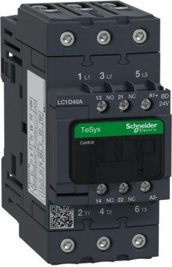 Schneider Electric TeSys D contactor, 3p(3 NO), AC-3, <= 440 V 40A, 24 V DC standard coil. range: TeSys - product or component type: contactor - device short name: LC1D - contactor application: motor control, resistive load - utilisation category: AC-1, AC-3 - poles de LC1D40ABD | Elektrika.lv