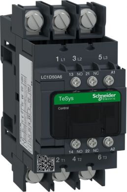 Schneider Electric TeSys D contactor, 3p(3 NO), AC-3, <= 440 V 50A, 230 V AC 50/60 Hz coil. range: TeSys - product or component type: contactor - device short name: LC1D - contactor application: motor control, resistive load - utilisation category: AC-1, AC-3 - poles d LC1D50A6P7 | Elektrika.lv