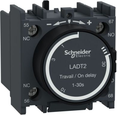 Schneider Electric TeSys D, time delay auxiliary contact block, 1NO+1NC, screw clamp terminals. range: TeSys - product or component type: time delay auxiliary contact block - pole contact composition: 1 NO + 1 NC - connections - terminals: screw clamp terminals 1 cable LADT2 | Elektrika.lv