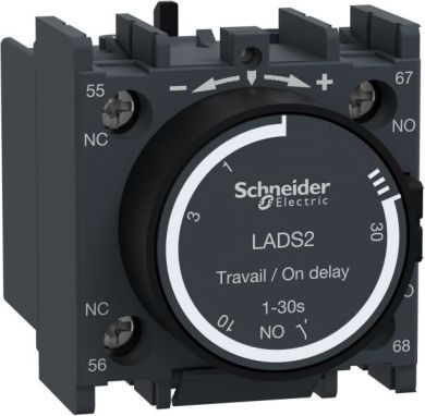 Schneider Electric TeSys D, time delay auxiliary contact block, 1NO+1NC, screw clamp terminals. range: TeSys - product or component type: time delay auxiliary contact block - pole contact composition: 1 NO + 1 NC - connections - terminals: screw clamp terminals 1 cable LADS2 | Elektrika.lv