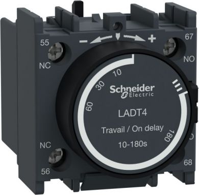 Schneider Electric TeSys D, time delay auxiliary contact block, 1NO+1NC, screw clamp terminals. range: TeSys - product or component type: time delay auxiliary contact block - pole contact composition: 1 NO + 1 NC - connections - terminals: screw clamp terminals 1 cable LADT4 | Elektrika.lv