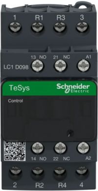 Schneider Electric TeSys D contactor, 4p(2 NO+2 NC), AC-1, <= 440 V 20A, 48 V AC coil. range: TeSys - product or component type: contactor - device short name: LC1D - contactor application: resistive load - utilisation category: AC-1 - poles description: 4P - pole cont LC1D098E7 | Elektrika.lv