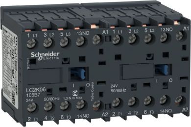 Schneider Electric TeSys K reversing contactor, 3p(3 NO), AC-3, <= 440 V 9A, 48 V AC coil. range: TeSys - device short name: LC2K - contactor application: motor control, resistive load - utilisation category: AC-1, AC-3, AC-4 - device presentation: preassembled with re LC2K09105E7 | Elektrika.lv