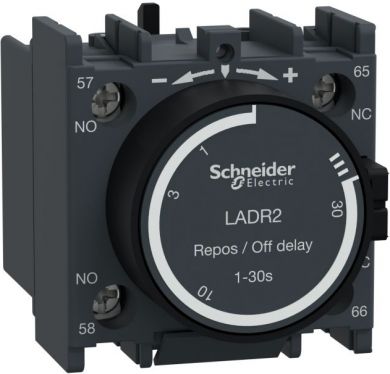 Schneider Electric TeSys D, time delay auxiliary contact block, 1NO+1NC, screw clamp terminals. range: TeSys - product or component type: time delay auxiliary contact block - pole contact composition: 1 NO + 1 NC - connections - terminals: screw clamp terminals 1 cable LADR2 | Elektrika.lv