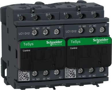 Schneider Electric TeSys D reversing contactor, 3p(3 NO), AC-3, <= 440 V 12A, 110 V AC coil. range: TeSys - device short name: LC2D - contactor application: motor control, resistive load - utilisation category: AC-1, AC-3 - device presentation: preassembled with revers LC2D12F7 | Elektrika.lv