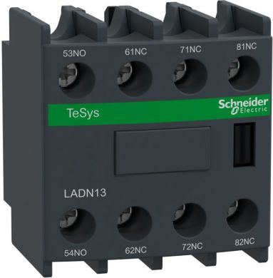 Schneider Electric TeSys D, auxiliary contact block, 1 NO+3 NC, screw clamp terminals. range: TeSys - product or component type: auxiliary contact block - product compatibility: CR1F - pole contact composition: 1 NO + 3 NC - connections - terminals: screw clamp termina LADN13 | Elektrika.lv