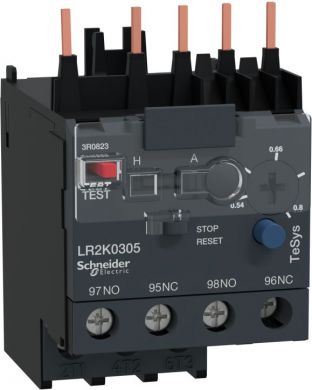Schneider Electric TeSys K, differential thermal overload relays, 0,54...0,8A, class 10A. range of product: TeSys K thermal overload relays - product or component type: differential thermal overload relay - device short name: LR2K - relay application: motor protection LR2K0305 | Elektrika.lv