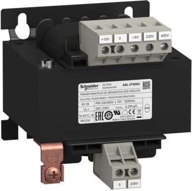 Schneider Electric This ABL6 transformer supplies alternating current to control circuits while isolating them from mains power. It has a rated input voltage of 230V to 400V AC, a rated output voltage of 230V AC and a rated power of 63VA. It offers an economic way to s ABL6TS06U | Elektrika.lv