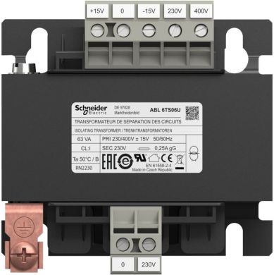 Schneider Electric This ABL6 transformer supplies alternating current to control circuits while isolating them from mains power. It has a rated input voltage of 230V to 400V AC, a rated output voltage of 230V AC and a rated power of 63VA. It offers an economic way to s ABL6TS06U | Elektrika.lv