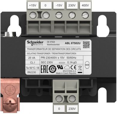 Schneider Electric This ABL6 transformer supplies alternating current to control circuits while isolating them from mains power. It has a rated input voltage of 230V to 400V AC, a rated output voltage of 230V AC and a rated power of 25VA. It offers an economic way to s ABL6TS02U | Elektrika.lv