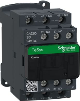 Schneider Electric TeSys D control relay, 5 NO, <= 690 V, 24 V DC standard coil. product or component type: control relay - device short name: CAD - contactor application: control circuit - utilisation category: AC-14, AC-15, DC-13. CAD50BD | Elektrika.lv