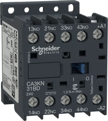 Schneider Electric TeSys K control relay, 3 NO+1 NC, <= 690 V, 24 V DC standard coil. range: TeSys - product or component type: control relay - device short name: CA3K - contactor application: control circuit - utilisation category: AC-15, DC-13 - pole contact composit CA3KN31BD | Elektrika.lv