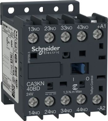 Schneider Electric TeSys K control relay, 4 NO, <= 690 V, 24 V DC standard coil. range: TeSys - product or component type: control relay - device short name: CA3K - contactor application: control circuit - utilisation category: AC-15, DC-13. CA3KN40BD | Elektrika.lv