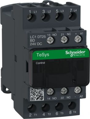 Schneider Electric TeSys D contactor, 4p(4 NO), AC-1, <= 440 V 25A, 24 V DC standard coil. range: TeSys - product or component type: contactor - device short name: LC1D - contactor application: resistive load - utilisation category: AC-1 - poles description: 4P - pole LC1DT25BD | Elektrika.lv