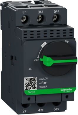 Schneider Electric TeSys GV2, Circuit breaker, magnetic, 4A, screw clamp terminals. range: TeSys - device short name: GV2L - product or component type: circuit breaker - circuit breaker application: motor protection - network type: AC - utilisation category: AC-3 confo GV2L08 | Elektrika.lv