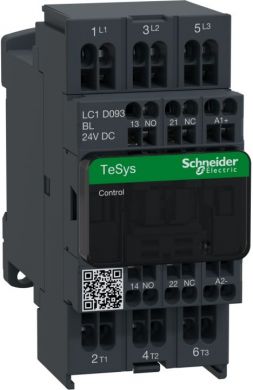 Schneider Electric TeSys D contactor, 3p(3 NO), AC-3, <= 440 V 9A, 24 V DC coil. range: TeSys - product or component type: contactor - device short name: LC1D - contactor application: motor control, resistive load - utilisation category: AC-1, AC-3 - poles description: LC1D093BL | Elektrika.lv