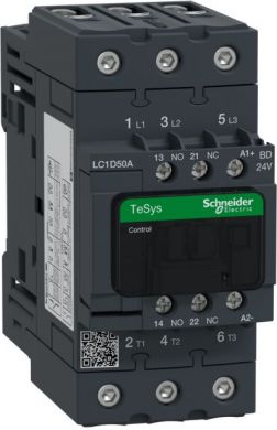 Schneider Electric TeSys D contactor, 3p(3 NO), AC-3, <= 440 V 50A, 24 V DC standard coil. range: TeSys - product or component type: contactor - device short name: LC1D - contactor application: motor control, resistive load - utilisation category: AC-1, AC-3 - poles de LC1D50ABD | Elektrika.lv