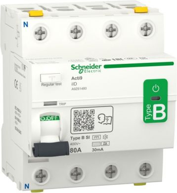 Schneider Electric Residual current circuit breaker (RCCB), Acti9 iID, 4P, 80A, B-SI type, 30mA, double terminal A9Z61480 | Elektrika.lv