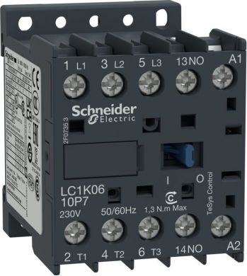 Schneider Electric Contactor, TeSys K, 3P, AC-3/AC-3e,440V 16A, aux. 1NO, 220...230V AC coil, screw clamp terminals LC1K1610M7 | Elektrika.lv