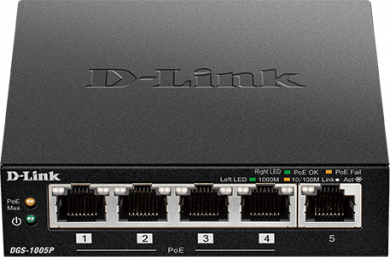 D-Link D-Link | Switch | DGS-1005P | Unmanaged | Desktop | 1 Gbps (RJ-45) ports quantity 5 | PoE ports quantity 4 | Power supply type External DGS-1005P