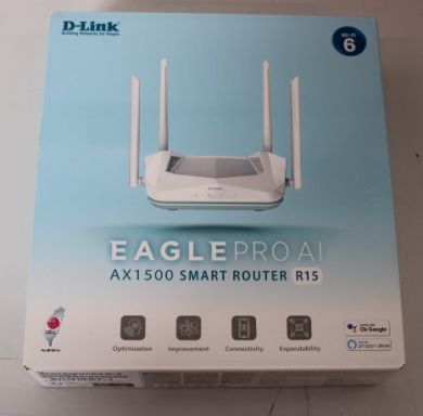 D-Link SALE OUT.  D-Link R15 AX1500 Smart Router D-Link AX1500 Smart Router R15 802.11ax 1200+300 Mbit/s 10/100/1000 Mbit/s Ethernet LAN (RJ-45) ports 3 Mesh Support Yes MU-MiMO Yes No mobile broadband Antenna type 4xExternal DEMO | AX1500 Smart Router | R1 R15SO