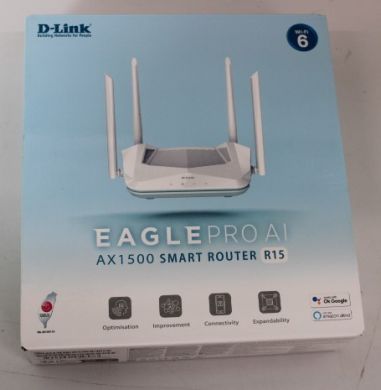 D-Link SALE OUT.  D-Link R15 AX1500 Smart Router D-Link AX1500 Smart Router R15 802.11ax 1200+300 Mbit/s 10/100/1000 Mbit/s Ethernet LAN (RJ-45) ports 3 Mesh Support Yes MU-MiMO Yes No mobile broadband Antenna type 4xExternal DEMO | AX1500 Smart Router | R1 R15SO
