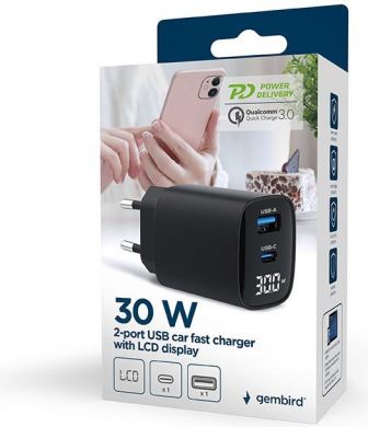 Gembird CHARGER USB 30W 2PORT/TA-UC-PDQC30LCD-BK-01 GEMBIRD TA-UC-PDQC30LCD-BK-0 | Elektrika.lv