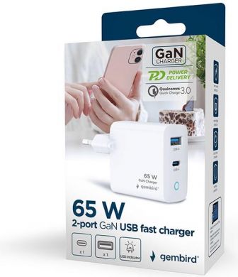 Gembird CHARGER USB 65W 2PORT/TA-UC-PDQC65L-W-01 GEMBIRD TA-UC-PDQC65L-W-01 | Elektrika.lv
