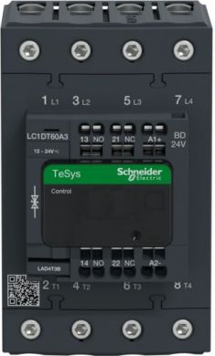 Schneider Electric TeSys D contactor, 4p(4 NO), AC-1, <= 440 V 60A, 24 V DC standard coil. range: TeSys - product or component type: contactor - device short name: LC1D - contactor application: resistive load - utilisation category: AC-1 - poles description: 4P - pole LC1DT60A3BD | Elektrika.lv