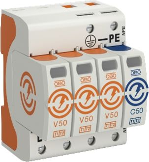 Obo Bettermann Комбинированный разрядник V50 3-полюсный + NPE, 385 В, IP20, V50-3+NPE-385 5093586 | Elektrika.lv