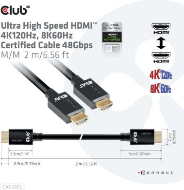  CABLE HDMI TO HDMI 2M/M/M CAC-1372 CLUB3D CAC-1372 | Elektrika.lv