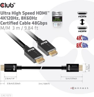  CABLE HDMI TO HDMI 3M/M/M CAC-1373 CLUB3D CAC-1373 | Elektrika.lv