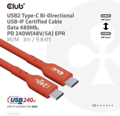  CABLE USB-C TO USB-C 3M/M/M CAC-1513 CLUB3D CAC-1513 | Elektrika.lv
