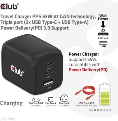  MOBILE CHARGER WALL 3PORT/GAN 65W CAC-1913EU CLUB3D CAC-1913EU | Elektrika.lv