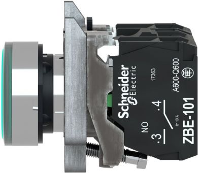 Schneider Electric Illuminated push button, Harmony XB4, metal, flush, green, 22mm, spring return, lt 250V, 1NO+1NC XB4BW3365 | Elektrika.lv