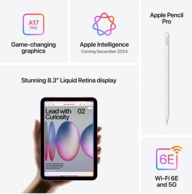 Apple Apple | iPad mini Wi-Fi + Cellular | 8.3 " | Starlight | IPS | 2266 x 1488 pixels | Apple A17 Pro | 128 GB | 3G | 4G | 5G | Wi-Fi | Front camera | 12 MP | Rear camera | 12 MP | Bluetooth | 5.3 | iPadOS | USB-C charging cable MXPQ3HC/A