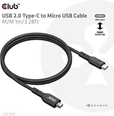  CABLE USB TO MICRO USB 1M/M/M CAC-1526 CLUB3D CAC-1526 | Elektrika.lv