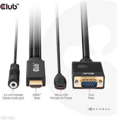  CABLE HDMI TO VGA 2M/M/M CAC-1712 CLUB3D CAC-1712 | Elektrika.lv