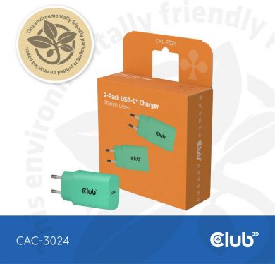  MOBILE CHARGER WALL USB-C/2PK 30W GREEN CAC-3024 CLUB3D CAC-3024 | Elektrika.lv