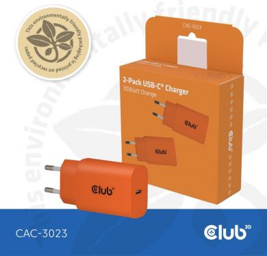  MOBILE CHARGER WALL USB-C/2PK 30W ORANGE CAC-3023 CLUB3D CAC-3023 | Elektrika.lv