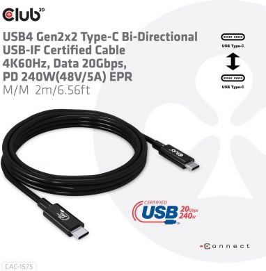  CABLE USB-C TO USB-C 2M/M/M CAC-1575 CLUB3D CAC-1575 | Elektrika.lv