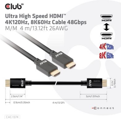 CABLE HDMI TO HDMI 4M/M/M CAC-1374 CLUB3D CAC-1374 | Elektrika.lv