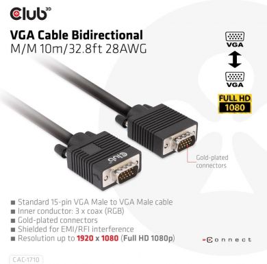  CABLE VGA TO VGA 10M/M/M CAC-1710 CLUB3D CAC-1710 | Elektrika.lv