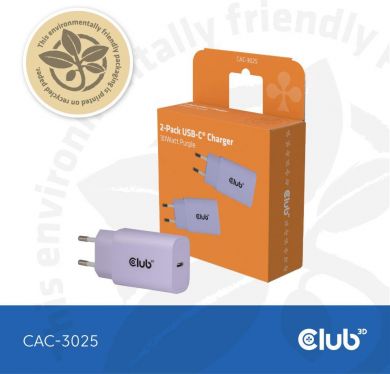  MOBILE CHARGER WALL USB-C/2PK 30W PURPLE CAC-3025 CLUB3D CAC-3025 | Elektrika.lv