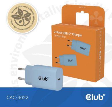  MOBILE CHARGER WALL USB-C/2PACK 30W BLUE CAC-3022 CLUB3D CAC-3022 | Elektrika.lv