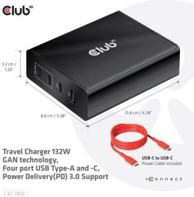  MOBILE TRAVEL CHARGER USB-C/132W GAN CAC-1906 CLUB3D CAC-1906 | Elektrika.lv