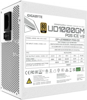 Gigabyte Power Supply GIGABYTE UD1000GM PG5 ICE ATX 3.1 1000 Watts Efficiency 80 PLUS GOLD PFC Active MTBF 100000 hours GP-UD1000GMPG5ICE GP-UD1000GM PG5 ICE | Elektrika.lv