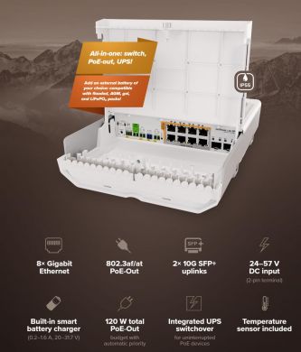 MikroTik Switch MIKROTIK netPower Lite 8P 8xRJ-45 ports RJ-45 Ports Type Gigabit Ethernet (10/100/1000) 8xGigabit Ethernet (copper) ports quantity 2xSFP+ module slots quantity 10G support Yes Power over Ethernet (PoE) Yes 8xPower over Ethernet (PoE) ports qua CSS610-8P-2S+OUT | Elektrika.lv